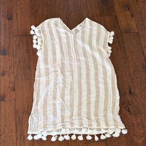 C&C California Striped Tassel Swim Coverup in White and Tan
